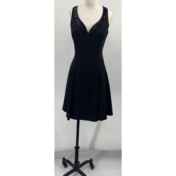 Vintage 90s Fit & Flare Mini Cocktail Dress Sequin Neck Strappy Open Back Black - Picture 4 of 8